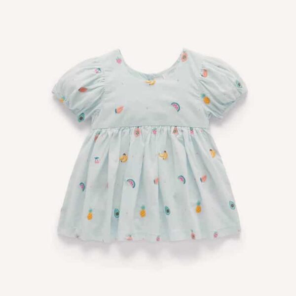 Vestido bordado com estampa de frutas